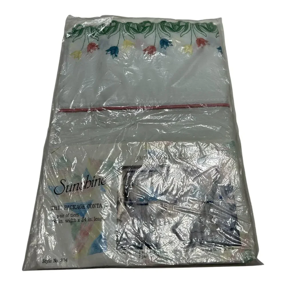 Vintage New Sunshine Tulip Embroidered Tier Curtain 60 in X 24 in